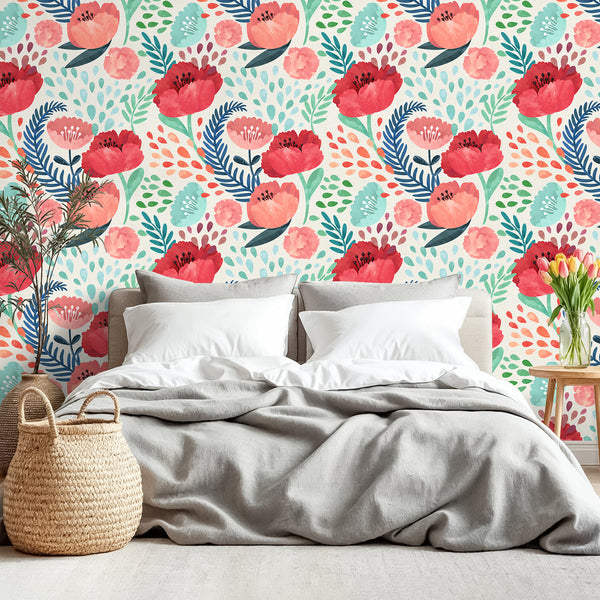 VEELIKE Crimson Poppy Floral Wallpaper