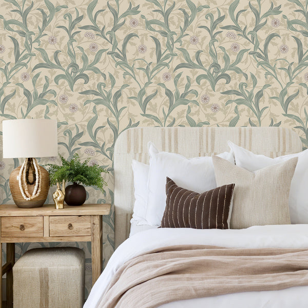 VEELIKE Beige Sage Leaf & Floral Wallpaper