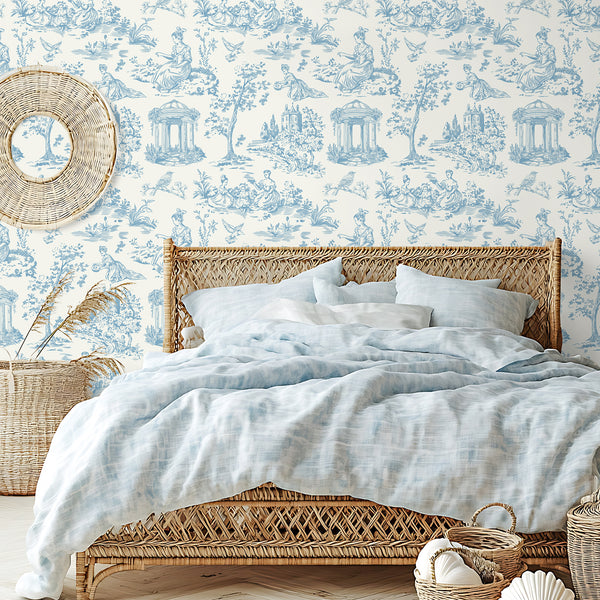 VEELIKE Blue and White Farmhouse Toile Wallpaper