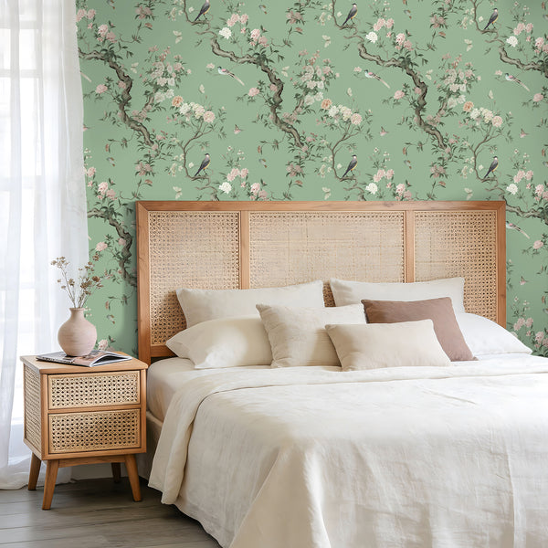 VEELIKE Sage Green Floral Wallpaper with Birds Butterflies