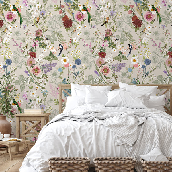 VEELIKE Vintage Songbirds Floral Peel and Stick Wallpaper