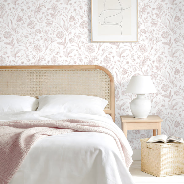 VEELIKE Sketch Dusty Pink Floral Peel and Stick Wallpaper