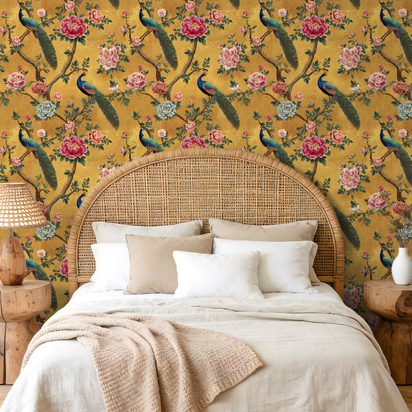VEELIKE Vintage Mustard Peacock Chinoiserie Wallpaper
