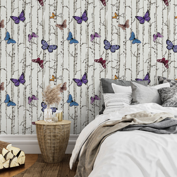 VEELIKE Butterflies Birch Tree Peel and Stick Wallpaper