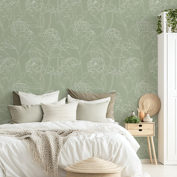 VEELIKE Sage Green Sketch Peonies Wallpaper