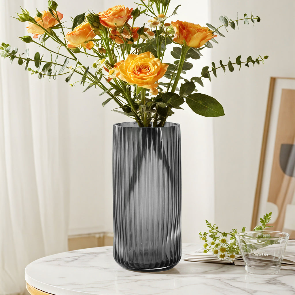 GarDream Grey Ribbed Cylinder Glass Vase