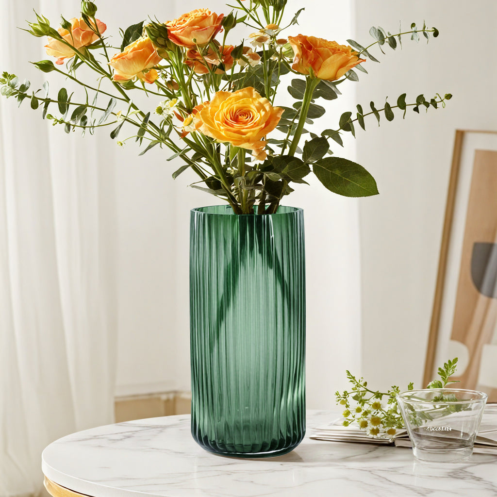 GarDream Emerald Green Ribbed Cylinder Glass Vase