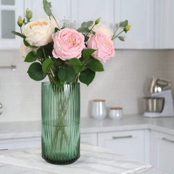 GarDream Emerald Green Ribbed Cylinder Glass Vase