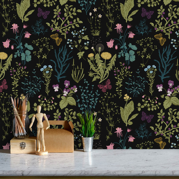    multicolor-herbs-on-black-vinyi-paper-floral-wall-mural