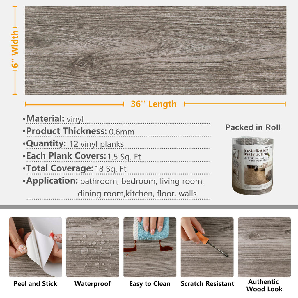 VEELIKE 12 Pack Peel and Stick Floor Tile Self Adhesive Flooring
