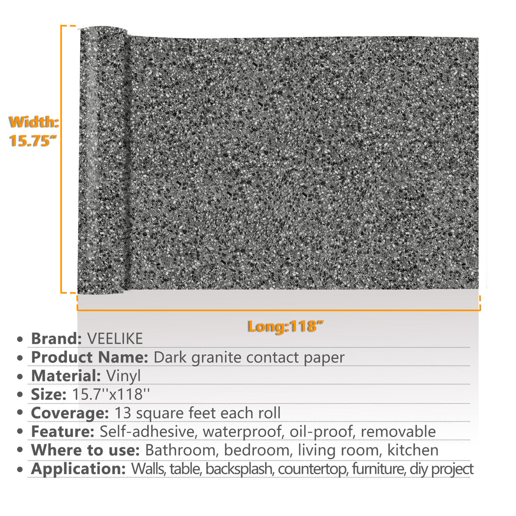 VEELIKE Gray Granite Contact Paper Peel and Stick 15.7''x118