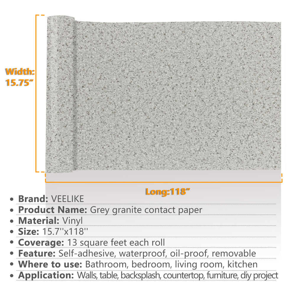 VEELIKE Gray Granite Contact Paper Peel and Stick 15.7''x118