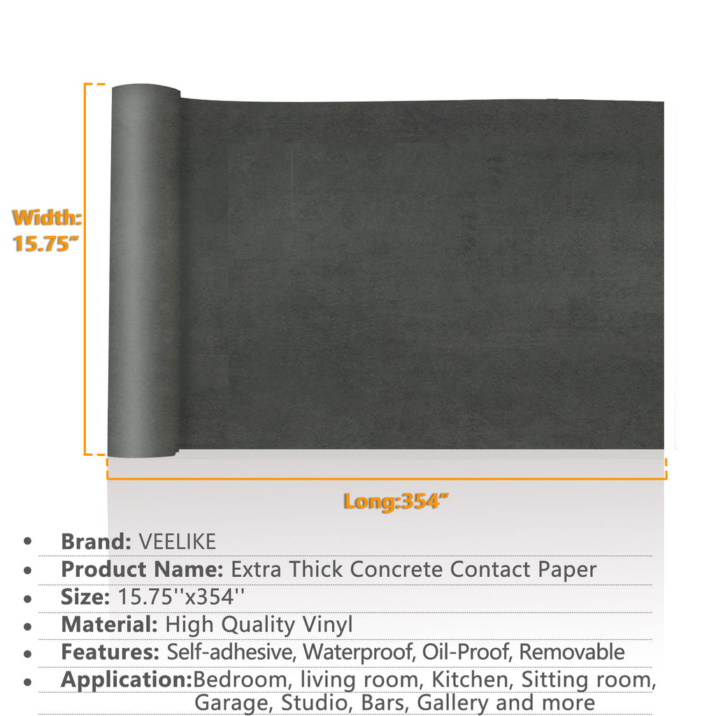 VEELIKE Peel and Stick Countertop Contact Paper 15.7''x354'' Textured Grey Concrete Wallpaper Waterproof Self Adhesive Removable Vinyl Wallpaper for