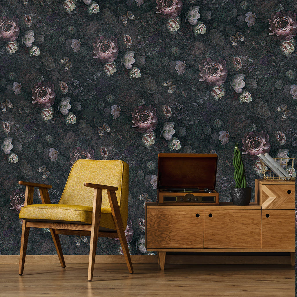 Large Dark Peony Floral Wallpaper Peel and Stick Dark Floral Wall Mural 