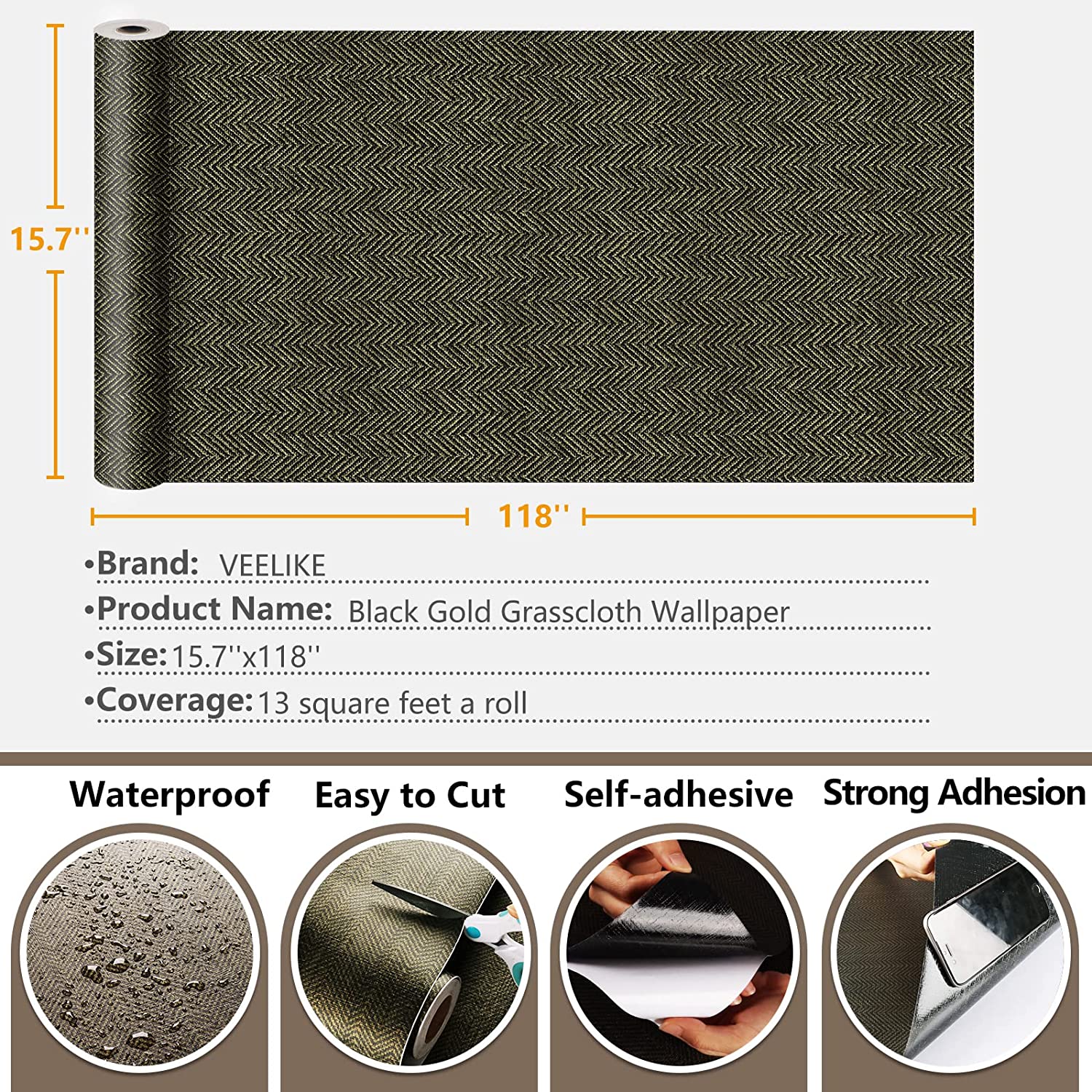 VEELIKE Black Gold Grasscloth Wallpaper Veelike