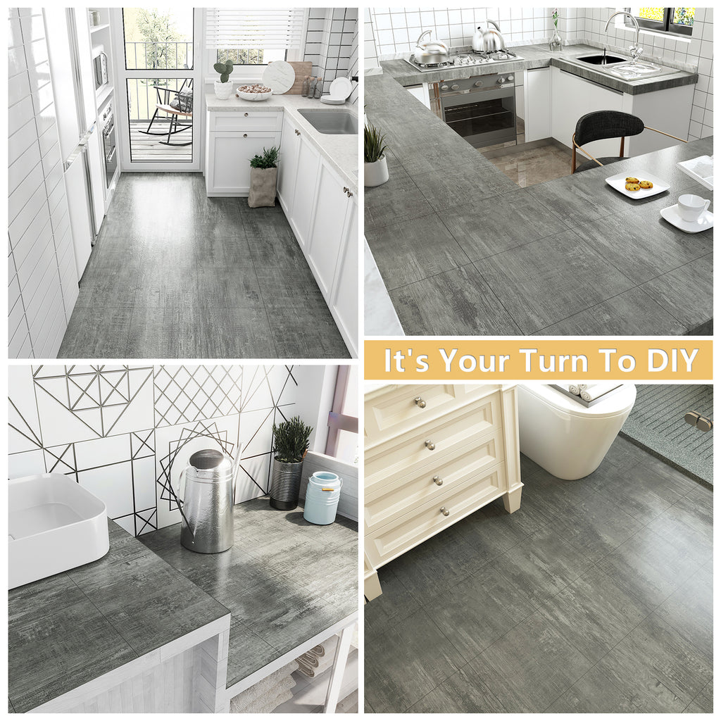 VEELIKE 24 Pcs Grey Floor Tiles Peel and Stick Waterproof Kitchen Flooring  Self Adhesive Removable Vinyl Flooring Grey Concrete Vinyl Tiles for