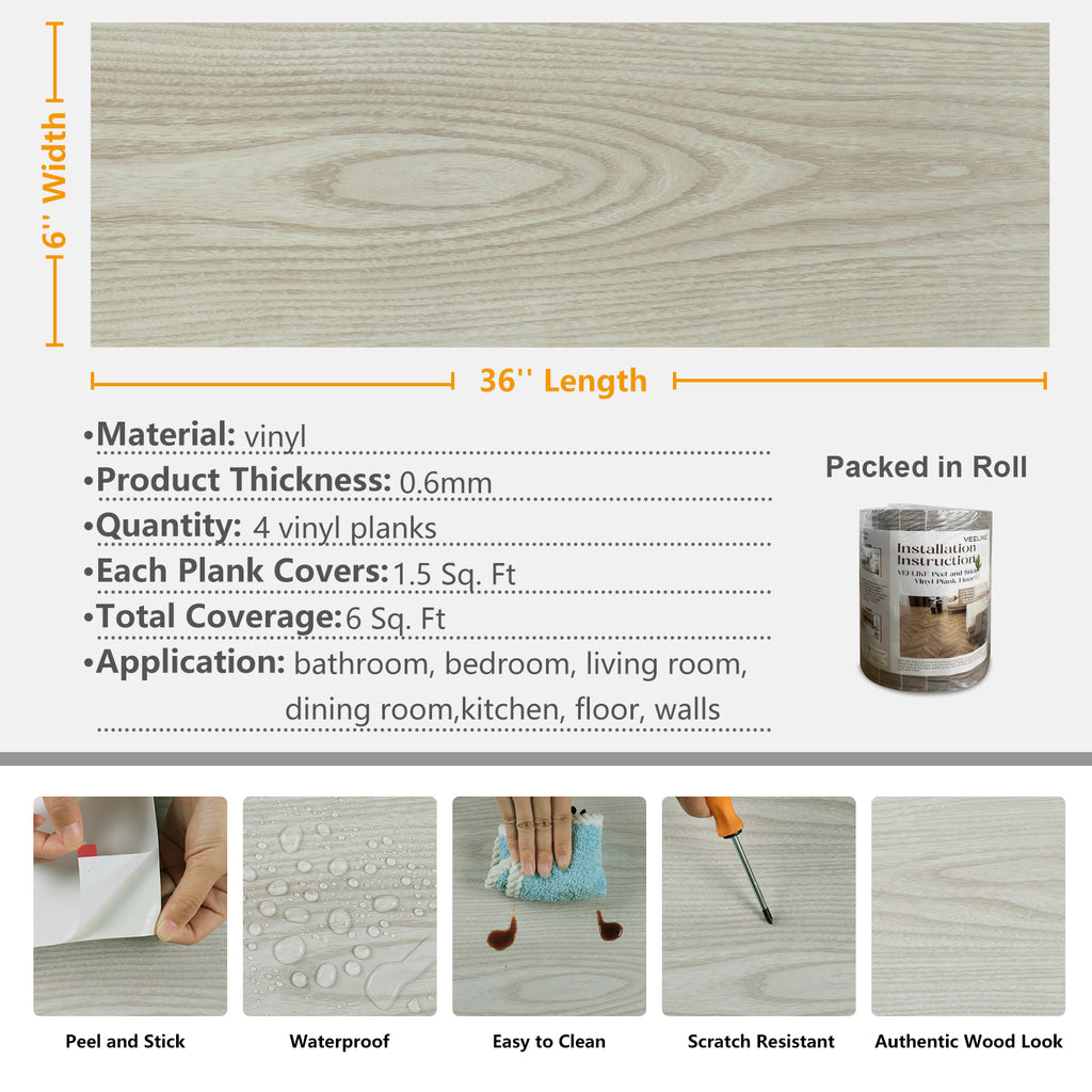 VEELIKE Coastal White Wood Vinyl Plank Flooring 6''x36'' – Veelike