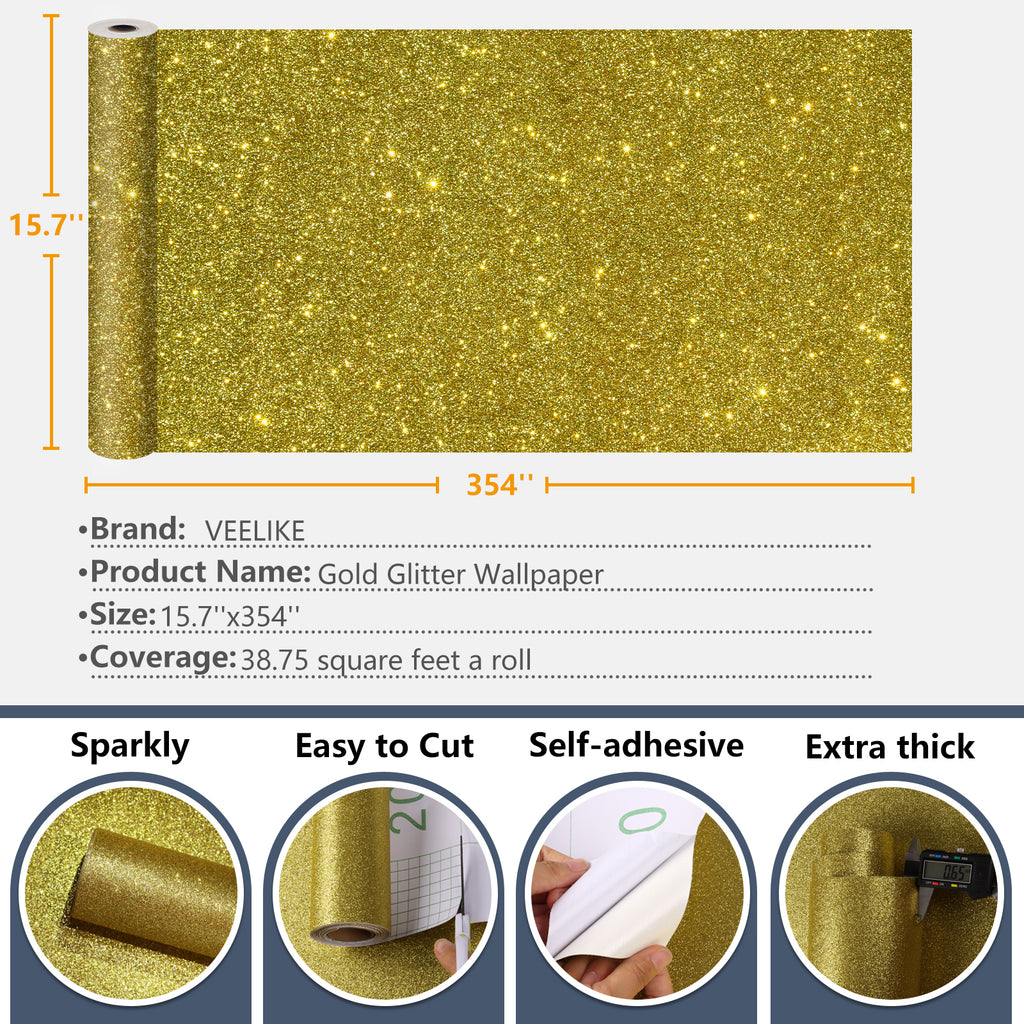 Bright Creations Champagne Gold Glitter Contact Paper Roll for DIY Crafts, Peel and Stick Art Decal for Scrapbooking (17.7 in x 16.5 ft)